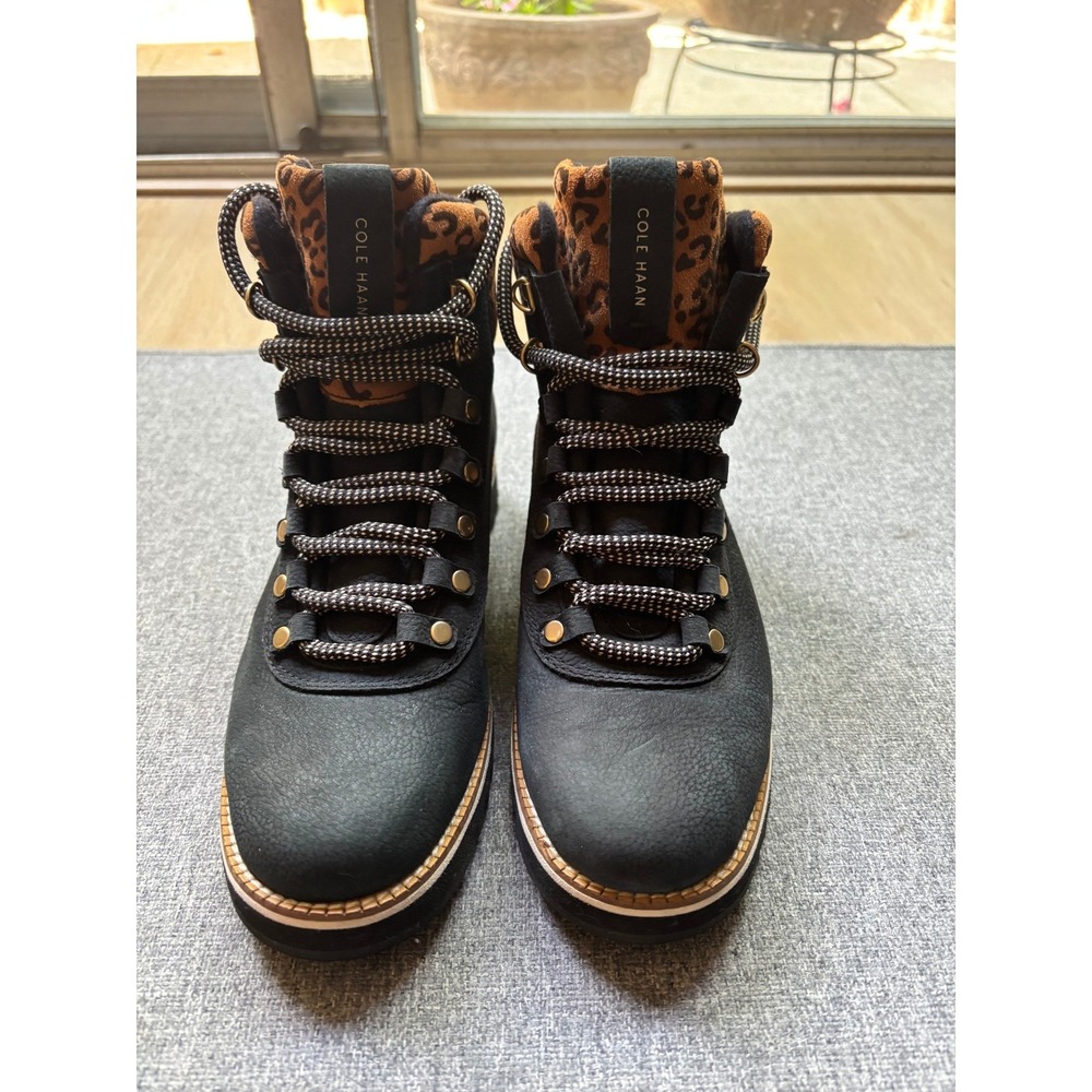Cole Haan Zerogrand Explorer Hiker Boots Black Leather Leopard Print W24319 8B